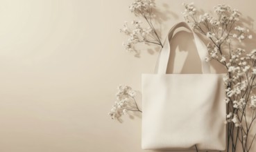 A white tote bag surrounded by delicate white flowers against a soft beige background. AI generated