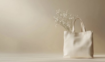 A white canvas bag with a white flower in it. The bag is placed on a white background. AI generated