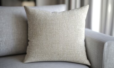 A pillow with a pattern on it sits on a couch. The pillow is white and has a texture that looks