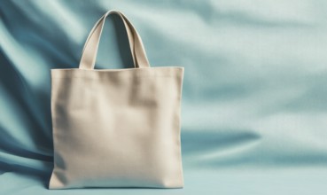 A white bag is on a blue background. The bag is open and the handle is visible. The bag is placed