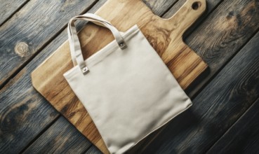 A white bag is on a wooden cutting board. The bag is made of canvas and has a brown handle. The bag