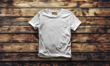 A white t-shirt is displayed on a wooden surface. The shirt is unbuttoned and has a tag on the back