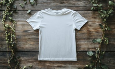 A white t-shirt is sitting on a wooden table. The shirt is unbuttoned and has no design on it. The