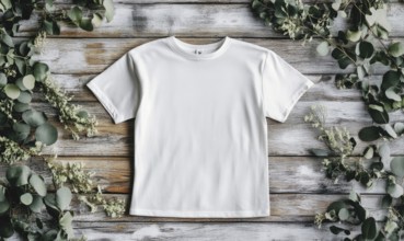 A white t-shirt is displayed on a wooden surface with green leaves surrounding it. Concept of