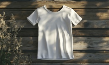 A white shirt is hanging on a wooden wall. The shirt is unbuttoned and the sleeves are rolled up.