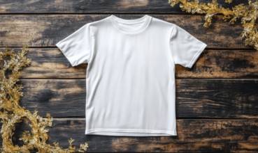 A white t-shirt is displayed on a wooden table. The shirt is unbuttoned and has no design or