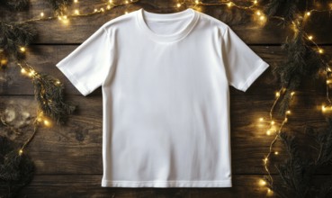 A white t-shirt is sitting on a wooden table. The shirt is unbuttoned and has no design on it. The