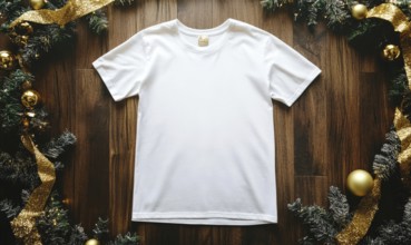 A white t-shirt is displayed on a wooden surface with a gold ribbon around it. Concept of