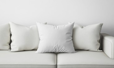 A minimalist white sofa adorned with soft pillows creates a serene and modern setting. AI generated