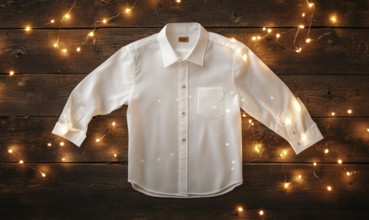 A white shirt with a brown tag is displayed on a wooden surface. The shirt is hanging on a wall