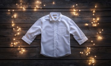 A white shirt is displayed on a wooden surface with a star pattern. The shirt is folded and placed