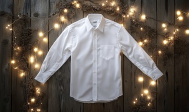 A white shirt is displayed on a wooden surface with a string of lights. The shirt is folded and