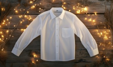 A white shirt is displayed on a wooden surface with a string of lights. The shirt is folded and