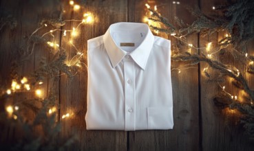 A white shirt is laying on a wooden table with Christmas lights in the background. The shirt is