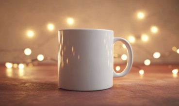 A white coffee mug sits on a table with a red background. The light from the background creates a