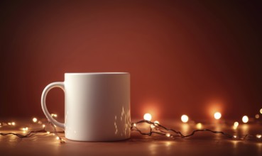A white coffee cup sits on a table with a red background. The cup is empty and the table is