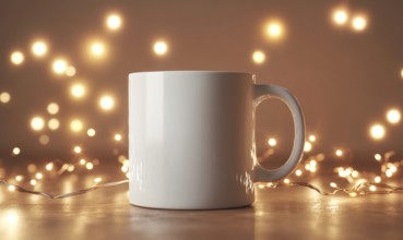 A white coffee mug sits on a wooden table with a string of lights behind it. The lights create a