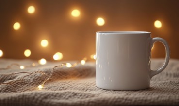 A white coffee cup sits on a blanket with a light shining on it. The light creates a warm and cozy