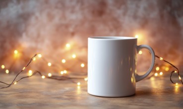 A white coffee cup sits on a table with a string of lights in the background. The scene conveys a