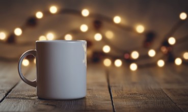 A white coffee cup sits on a wooden table with a string of lights in the background. The scene