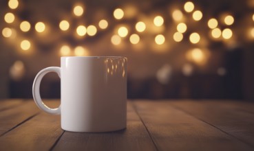 A white coffee mug sits on a wooden table. The table is lit by a light source, creating a warm and