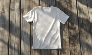 A white shirt is laying on a wooden surface. The shirt is unbuttoned and has a collar. The shirt is