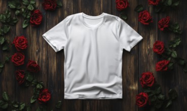 A white t-shirt is displayed on a wooden surface with red roses surrounding it. Concept of elegance
