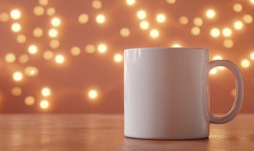 A white coffee mug sits on a table in front of a lighted background. The lighted background creates