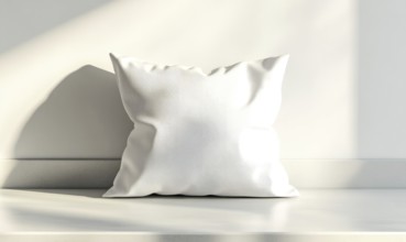 A white pillow sits on a countertop in a room with a window. The pillow is unmade and he is a