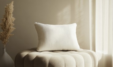 A white pillow sits on a white cushion. The pillow is placed on a round cushion, which is also