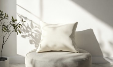 A white pillow sits on a chair in a room with a plant in the background. The room is well-lit and
