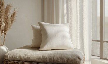 A white pillow sits on a chair in front of a window. The pillow is placed on top of a basket, which