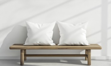 A wooden bench with two white pillows on it. The bench is located in a room with a white wall and a