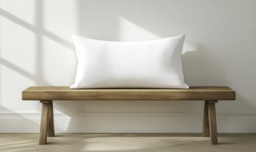A minimalist wooden bench with a white pillow lit by warm natural light. AI generated