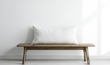 A minimalist wooden bench with a white pillow, bathed in natural light. AI generated