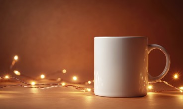 A white coffee cup sits on a table with a string of lights behind it. The lights create a warm and