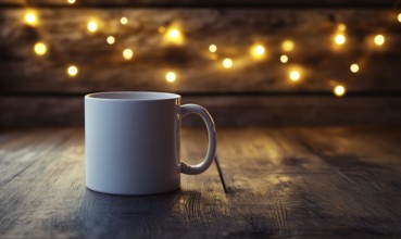 A white coffee mug sits on a wooden table with a warm glow from a light source. The scene conveys a