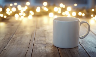 A white coffee cup sits on a wooden table with a Christmas tree decoration in the background. The