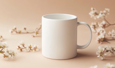 A white coffee cup sits on a table with a bunch of pink flowers. The cup is empty and the flowers