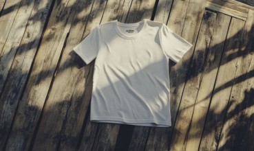 A white shirt is laying on a wooden surface. The shirt is unbuttoned and has a collar. The shirt is