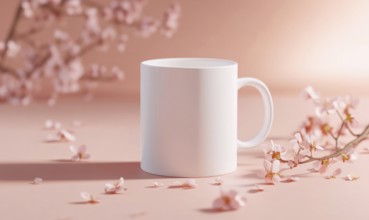 A white coffee cup is sitting on a pink background with pink flowers. The cup is empty and has no