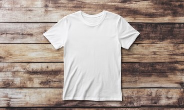 A white t-shirt is laying on a wooden surface. The shirt is unbuttoned and has no design or writing