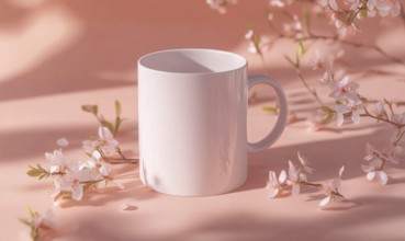 A white coffee cup sits on a pink background with pink flowers. The cup is empty and the flowers
