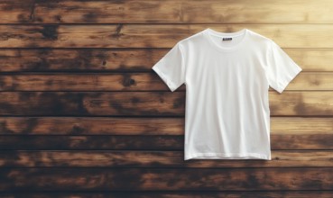 A white t-shirt is hanging on a wooden wall. The shirt is hanging by its collar and is not folded.
