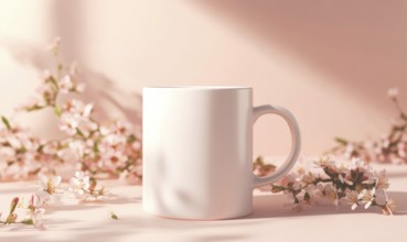 A white coffee cup sits on a table next to a bunch of pink flowers. The cup is empty and the