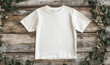 A white t-shirt is sitting on a wooden surface. The shirt is unbuttoned and has a clean, crisp