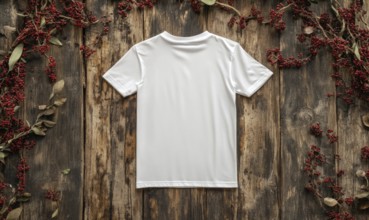 A white t-shirt is displayed on a wooden table with red berries in the background. The t-shirt is