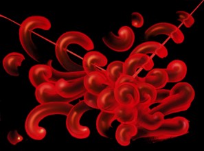 Abstract surreal painting showing red tubular brush strokes in black back