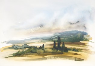 Watercolor painting showing a landscape in Tuscany at summer time