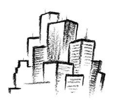 Crayon-sketched city illustration done by me